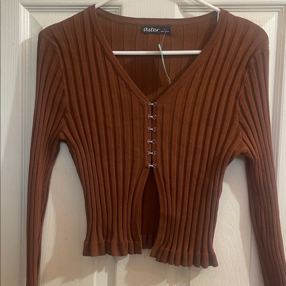 Brown Ribbed V-Neck Sweater - Picture 2 of 6